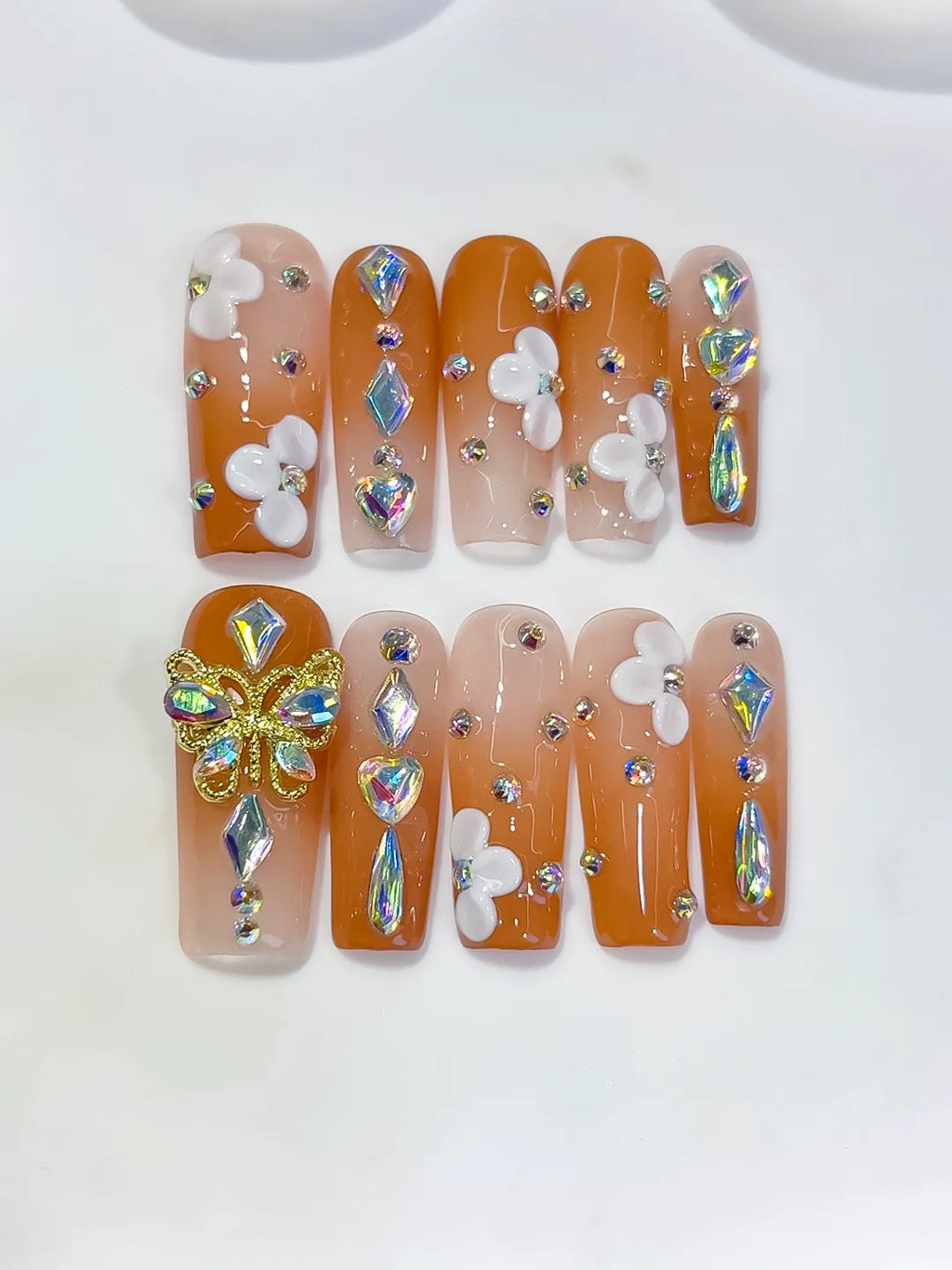 Orange Nude White Gold Multicolor Solid color Butterfly Flower Rhinestone 3D press on nails close up