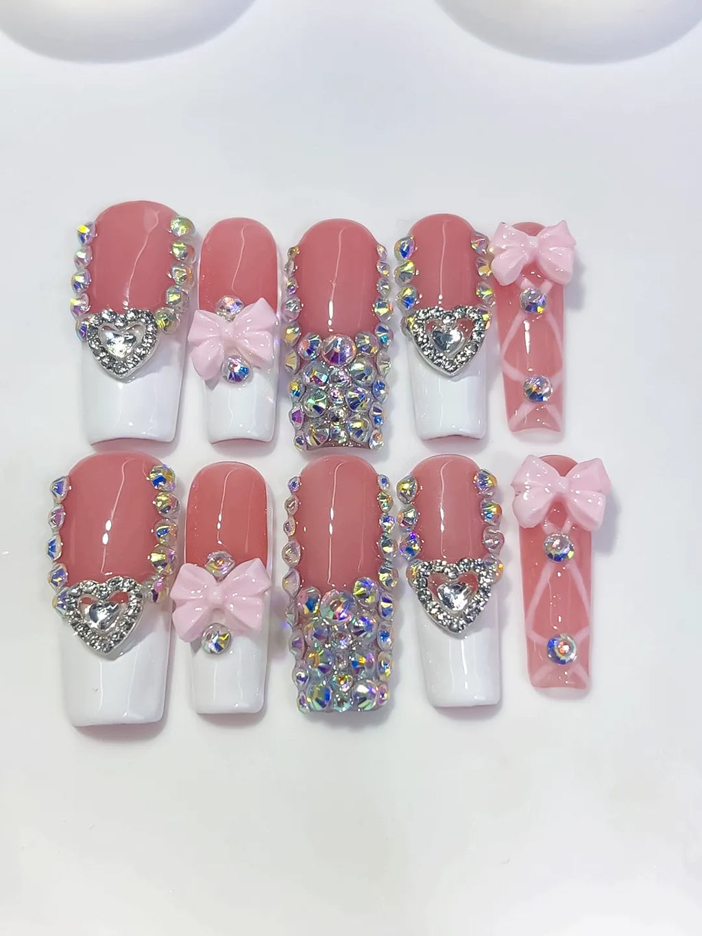 Pink White Silver Multicolor French tip Heart Bow Rhinestone 3D press on nails detail view