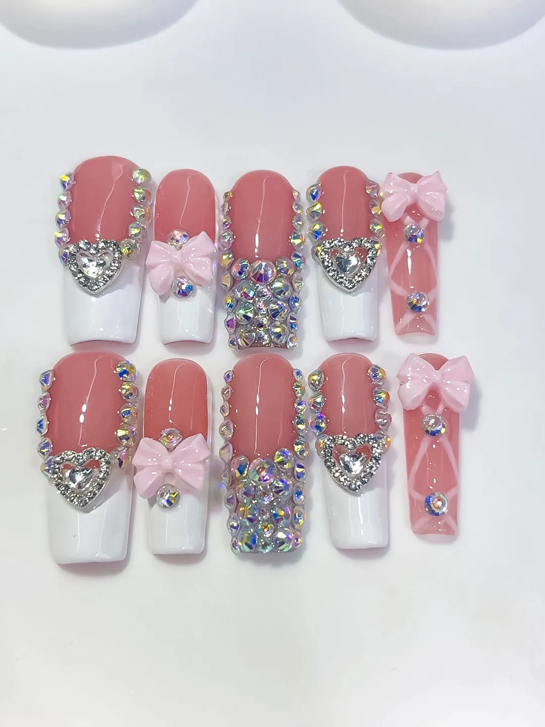 Pink White Silver Multicolor French tip Heart Bow Rhinestone 3D press on nails detail view