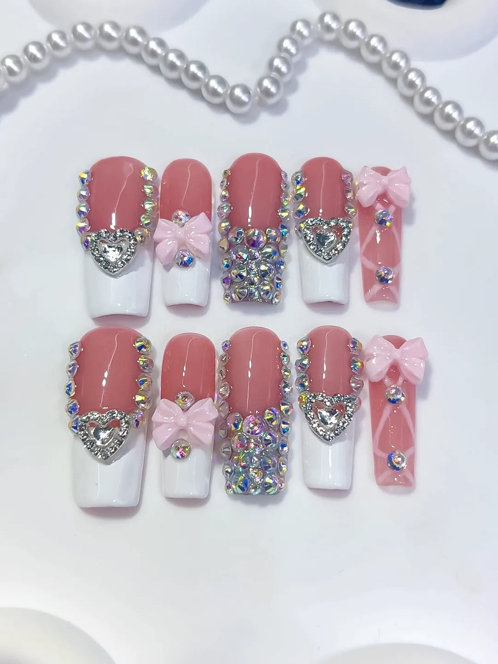 Pink White Silver Multicolor French tip Heart Bow Rhinestone 3D press on nails detail view