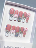 Pink White Silver Multicolor French tip Heart Bow Rhinestone 3D press on nails