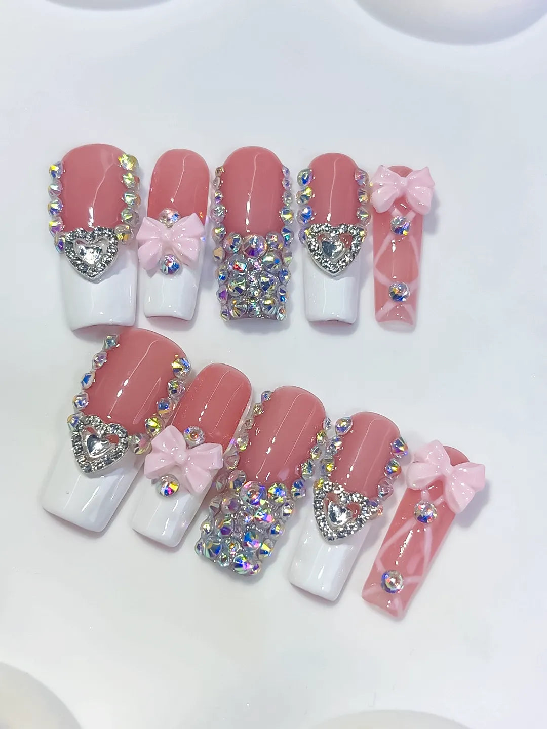 Pink White Silver Multicolor French tip Heart Bow Rhinestone 3D press on nails close up