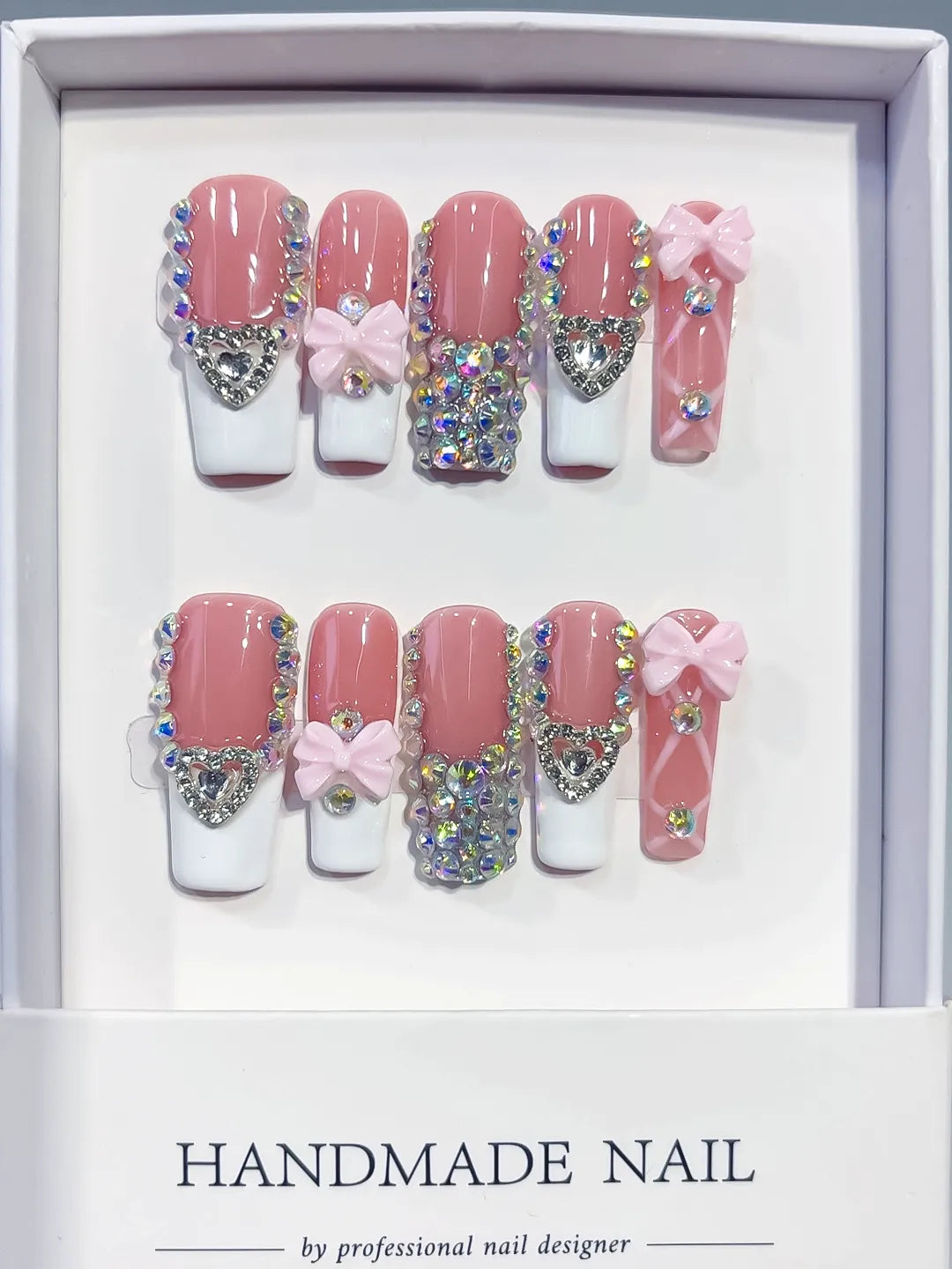 Pink White Silver Multicolor French tip Heart Bow Rhinestone 3D press on nails full set view