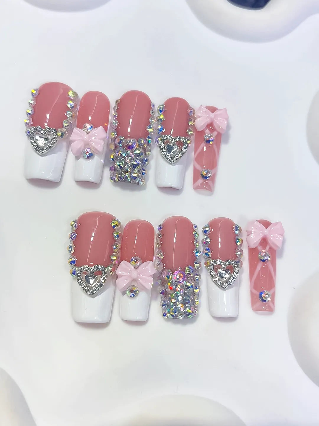 Pink White Silver Multicolor French tip Heart Bow Rhinestone 3D press on nails detail view