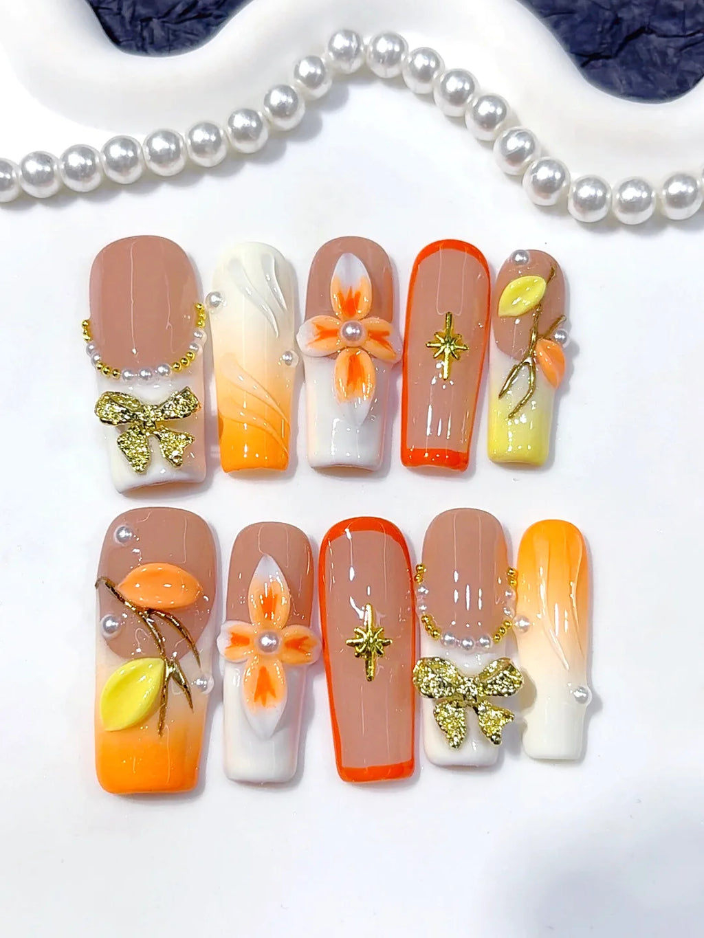 K041 - Medium Long Nude Orange Square Ombre French 3D Flowers - view 4
