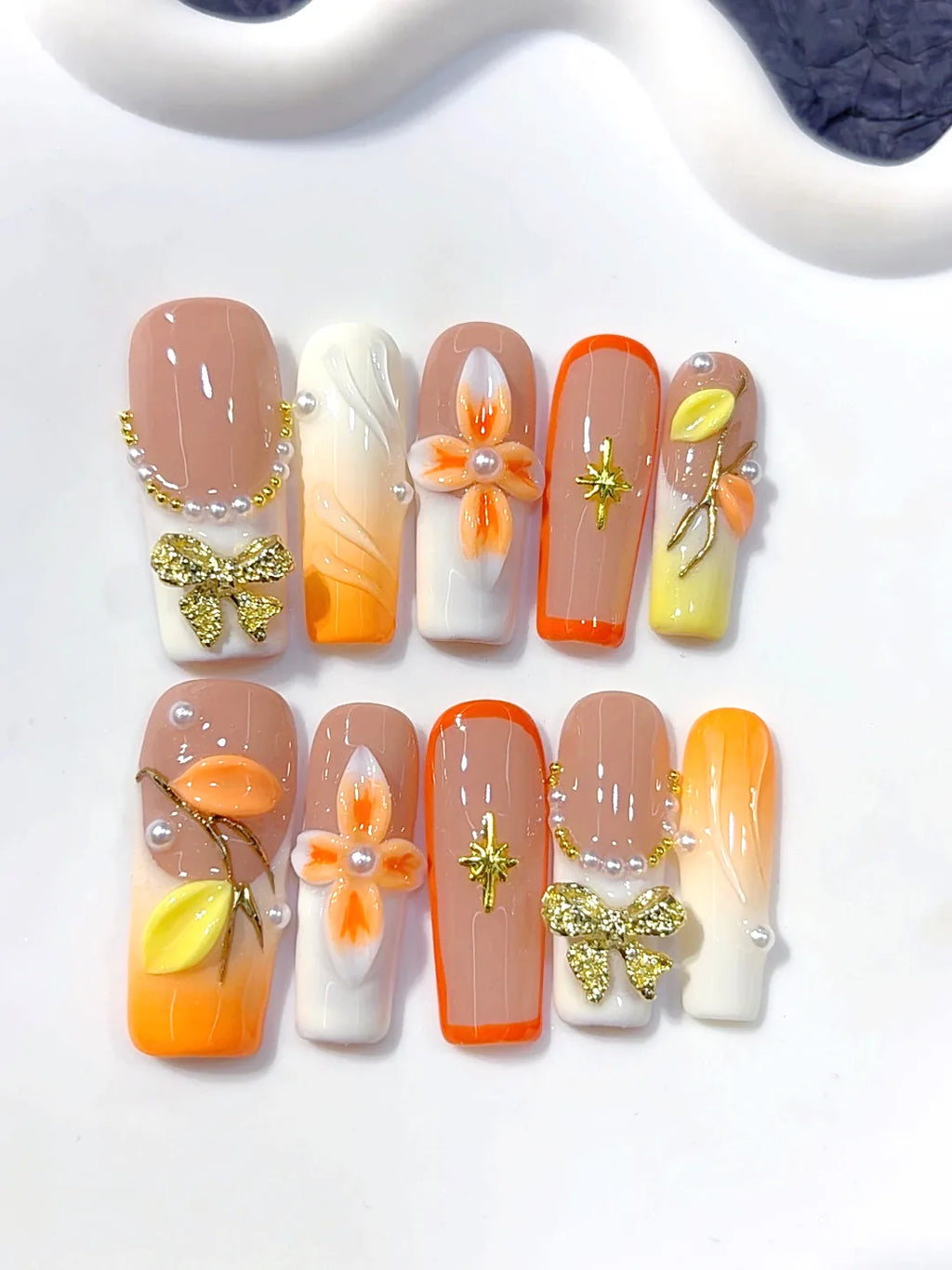 K041 - Medium Long Nude Orange Square Ombre French 3D Flowers - view 5