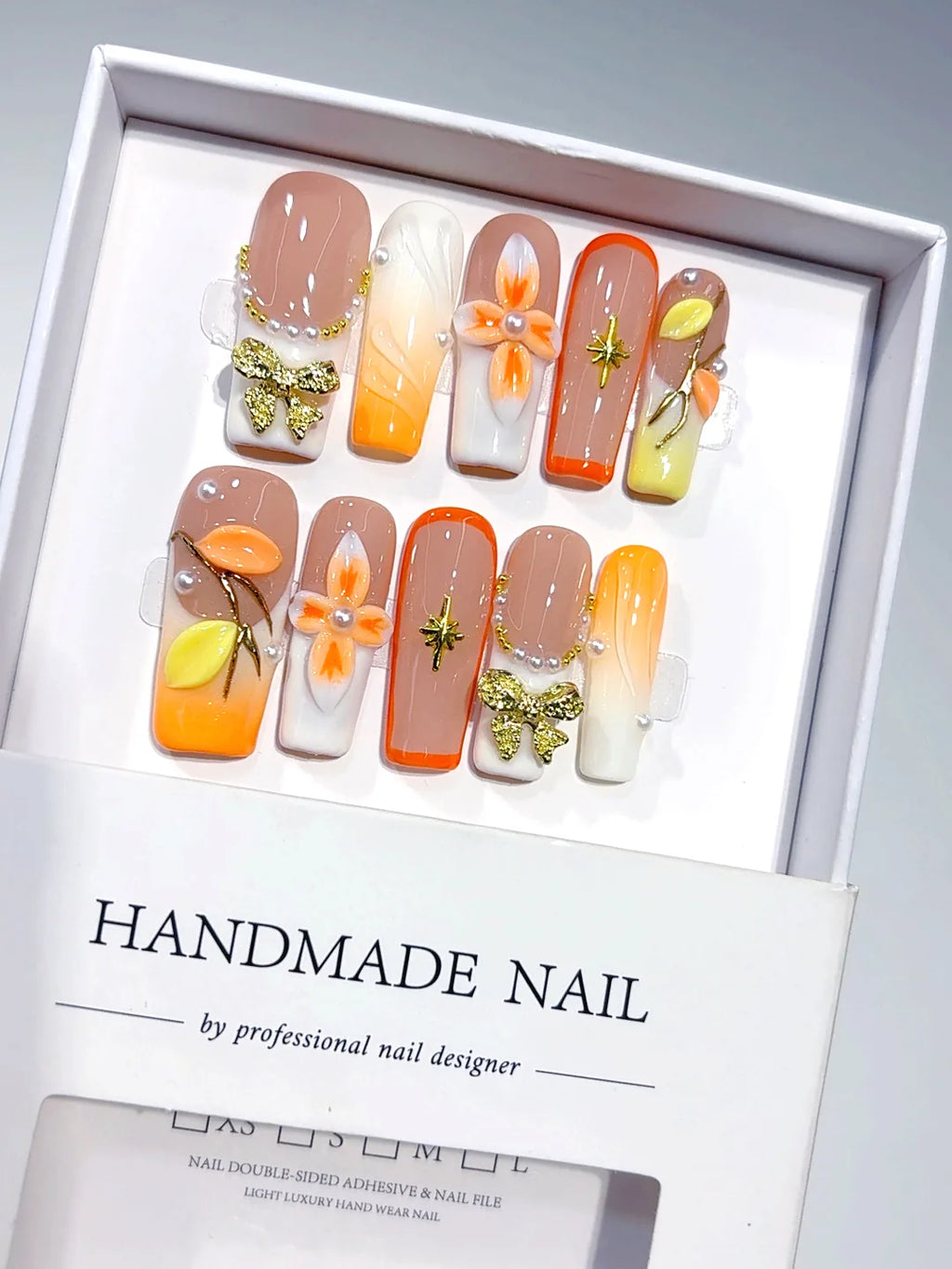 K041 - Medium Long Nude Orange Square Ombre French 3D Flowers - view 2