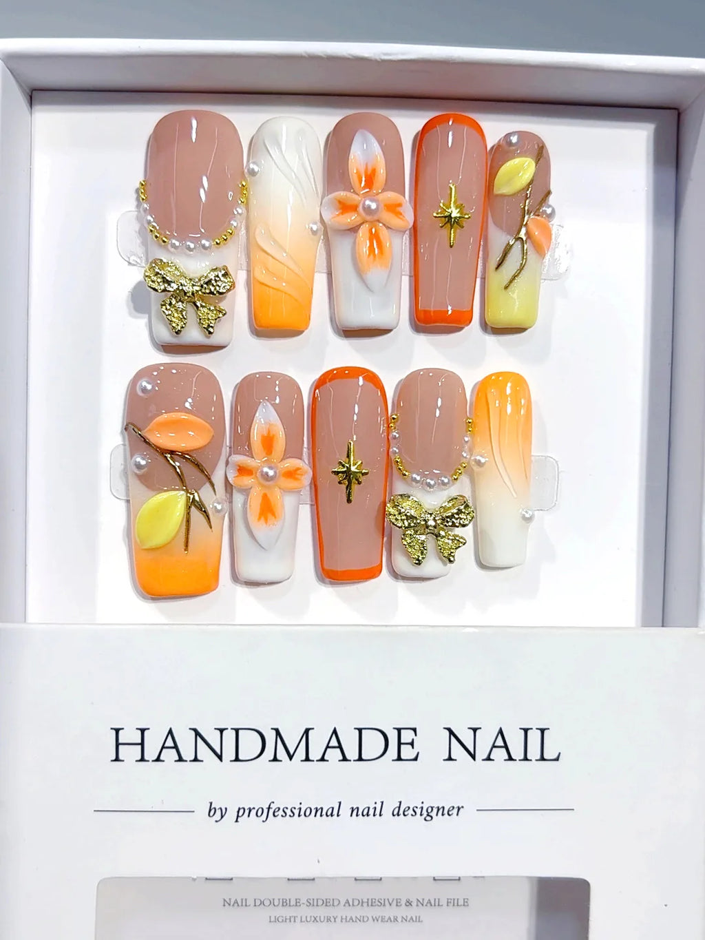 K041 - Medium Long Nude Orange Square Ombre French 3D Flowers - view 6