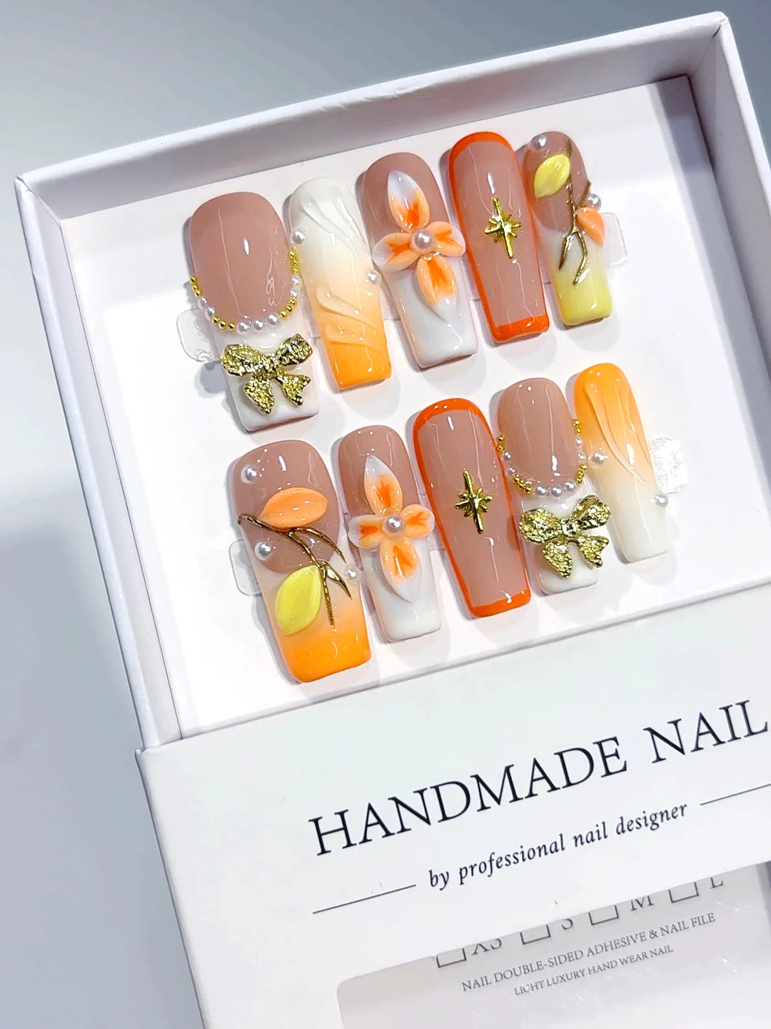 K041 - Medium Long Nude Orange Square Ombre French 3D Flowers - view 7