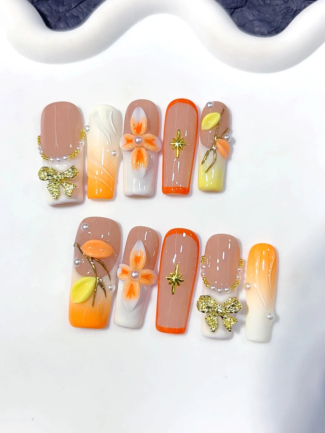 K041 - Medium Long Nude Orange Square Ombre French 3D Flowers - view 3