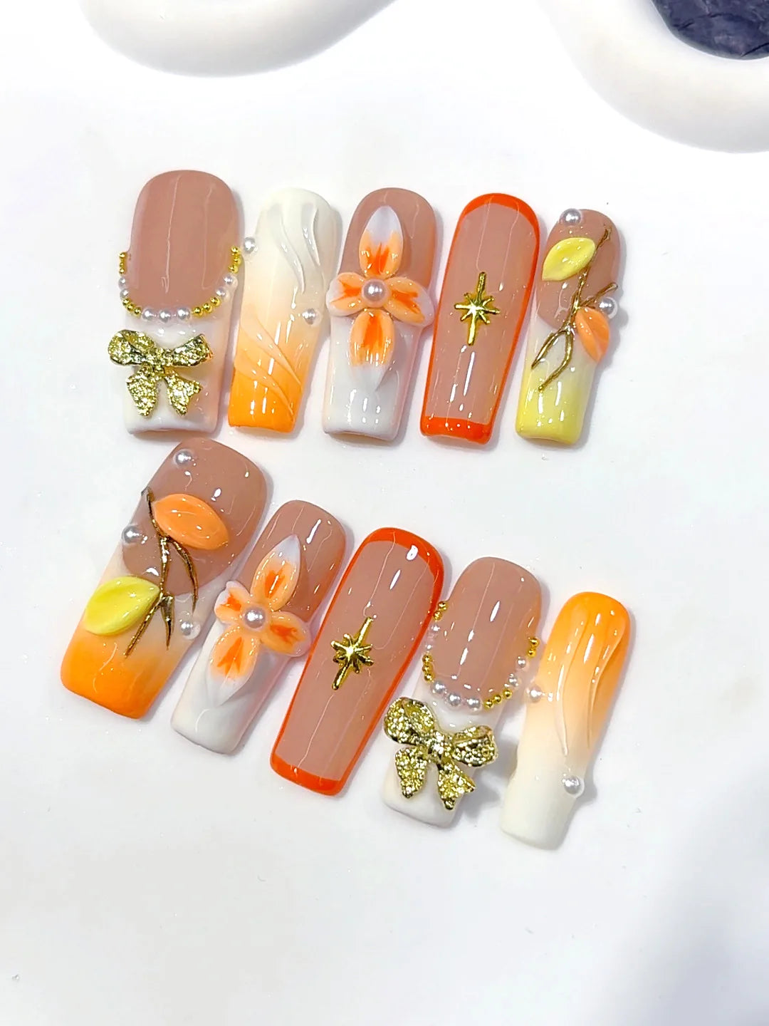 K041 - Medium Long Nude Orange Square Ombre French 3D Flowers - view 1