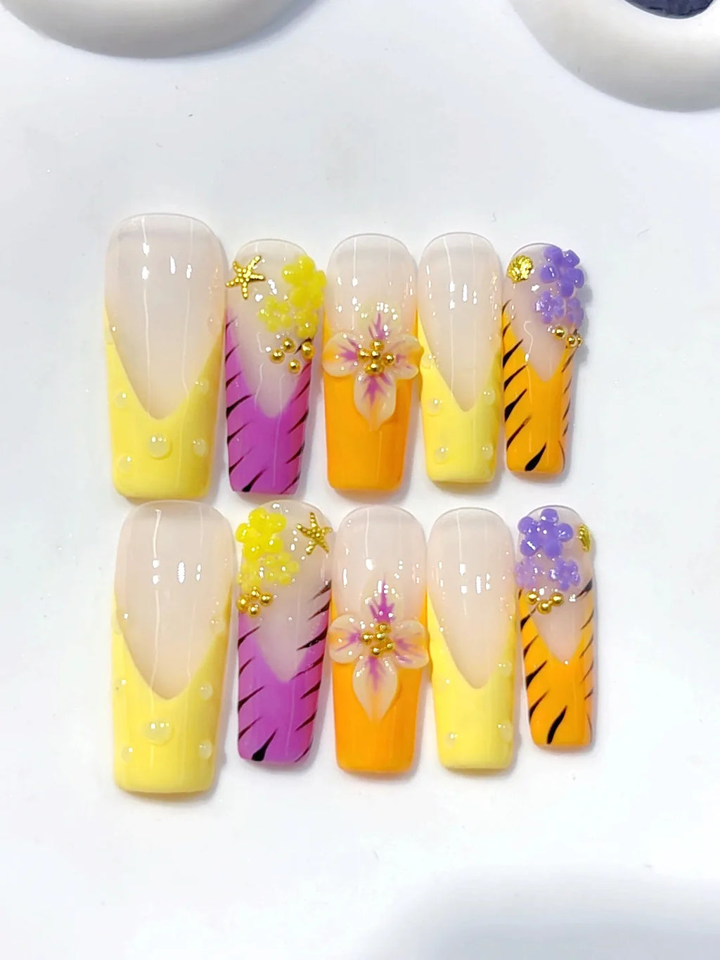 K042 - Medium Long Yellow Pink Square French Tip 3D Flowers - view 4