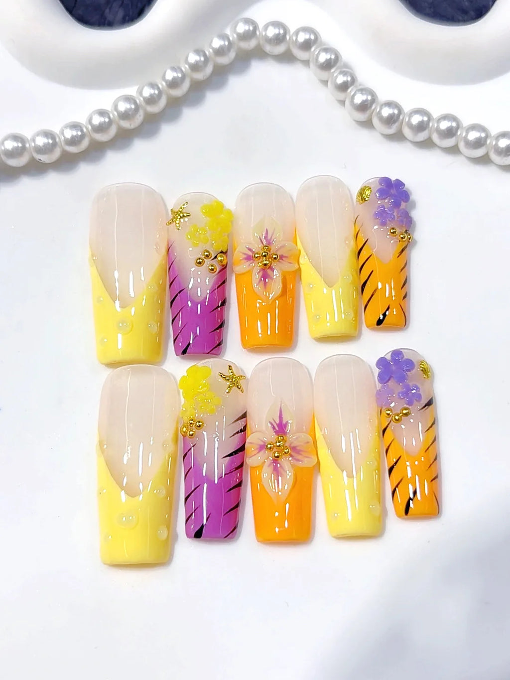 K042 - Medium Long Yellow Pink Square French Tip 3D Flowers - view 2