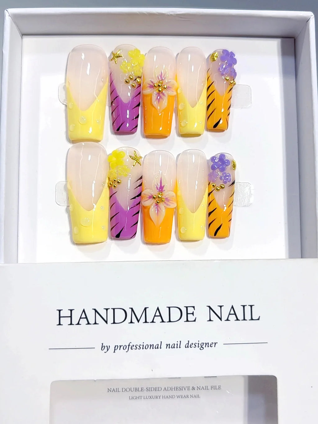K042 - Medium Long Yellow Pink Square French Tip 3D Flowers - view 6