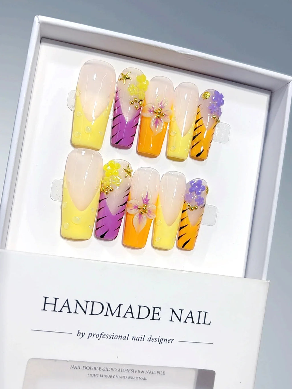 K042 - Medium Long Yellow Pink Square French Tip 3D Flowers - view 7