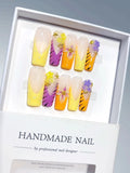 K042 - Medium Long Yellow Pink Square French Tip 3D Flowers - view 7