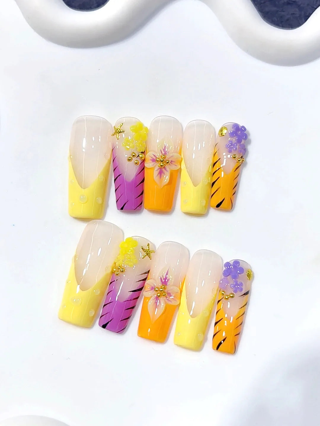 K042 - Medium Long Yellow Pink Square French Tip 3D Flowers - view 3