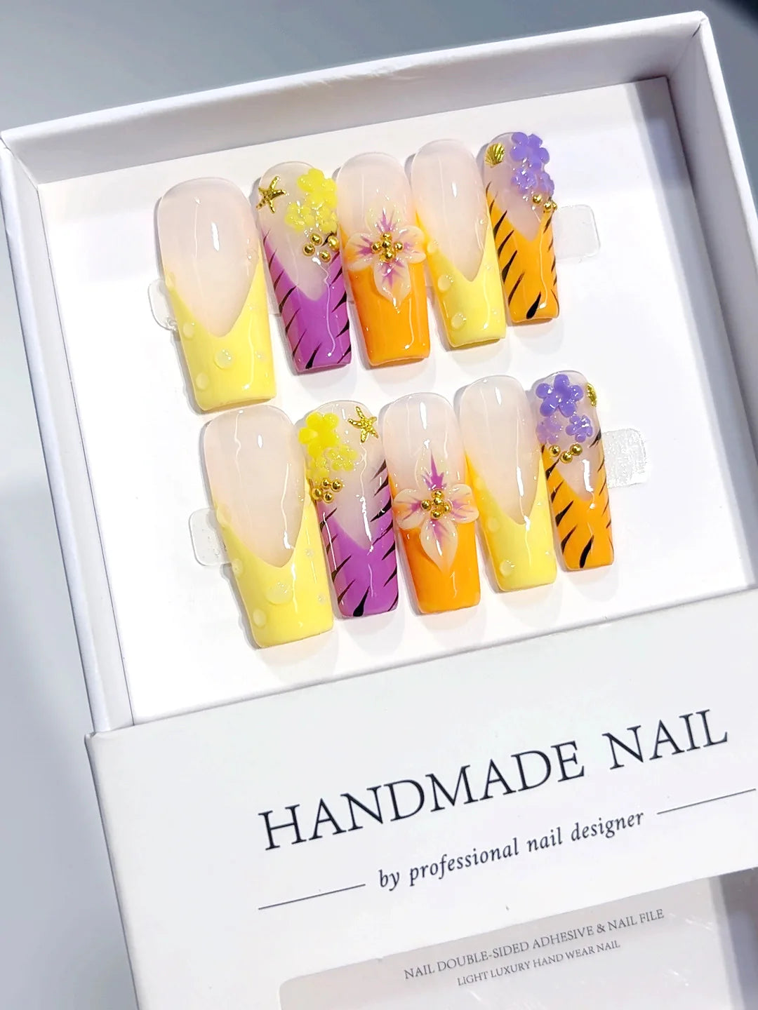 K042 - Medium Long Yellow Pink Square French Tip 3D Flowers - view 1