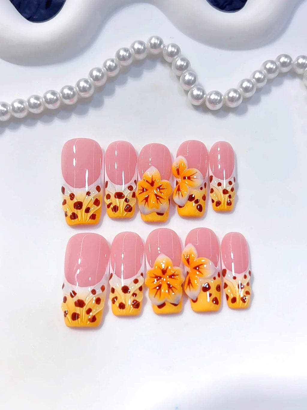 K043 - Medium Long Pink Orange Square Ombre French Polka Dot Flowers - view 4