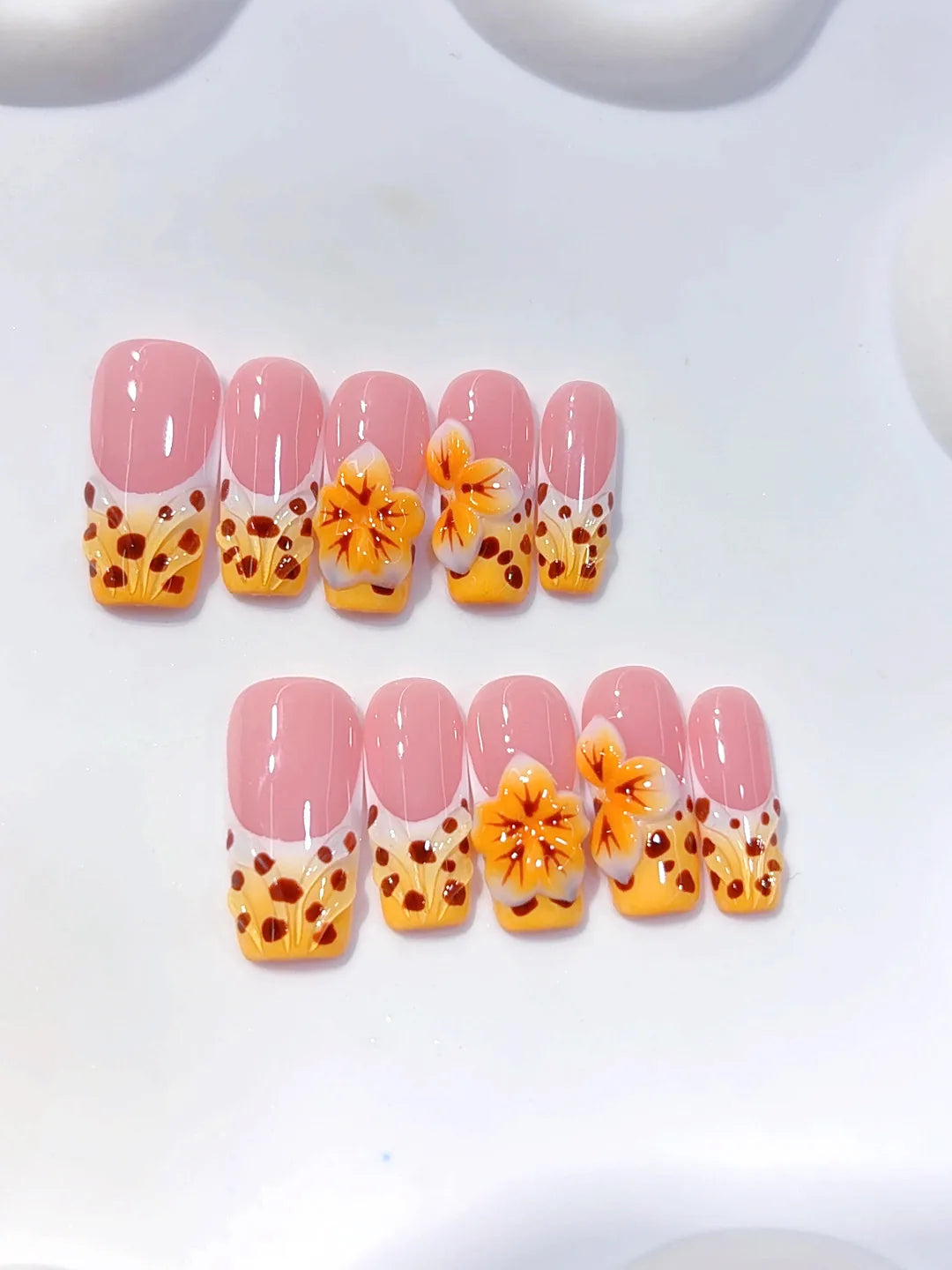 K043 - Medium Long Pink Orange Square Ombre French Polka Dot Flowers - view 5