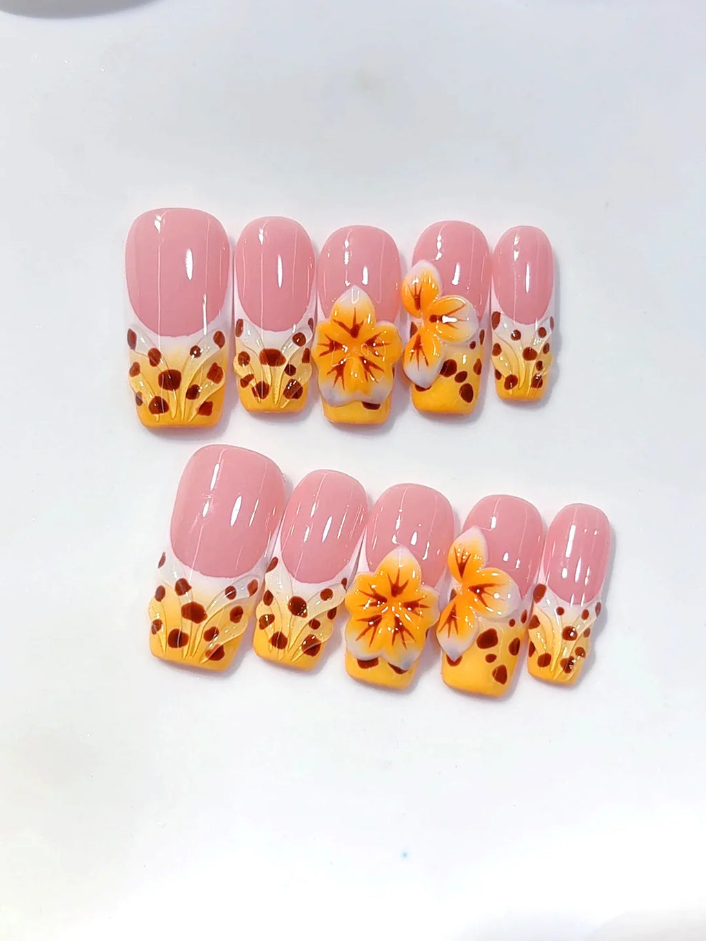 K043 - Medium Long Pink Orange Square Ombre French Polka Dot Flowers - view 6