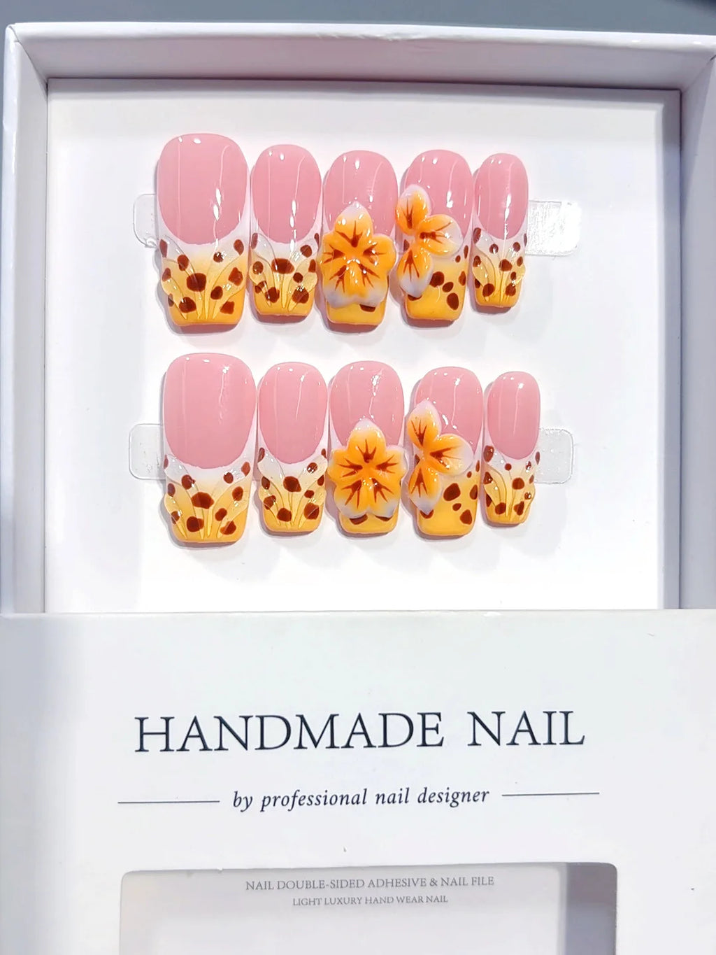 K043 - Medium Long Pink Orange Square Ombre French Polka Dot Flowers - view 7