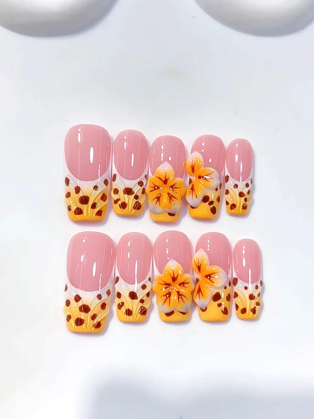 K043 - Medium Long Pink Orange Square Ombre French Polka Dot Flowers - view 1