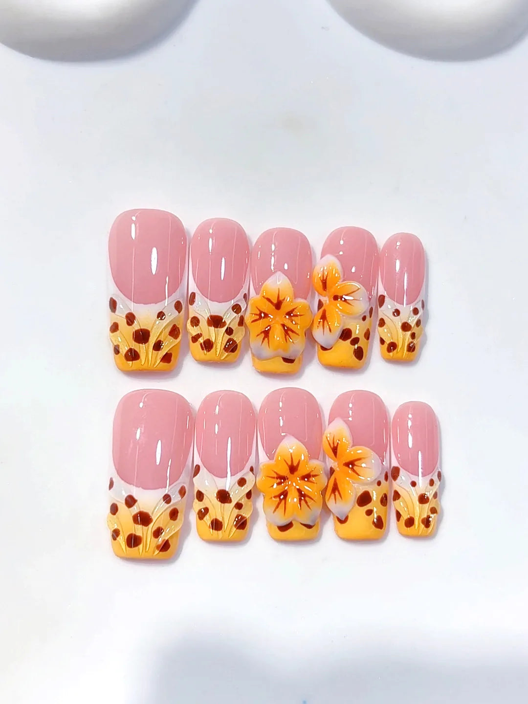 K043 - Medium Long Pink Orange Square Ombre French Polka Dot Flowers - view 1