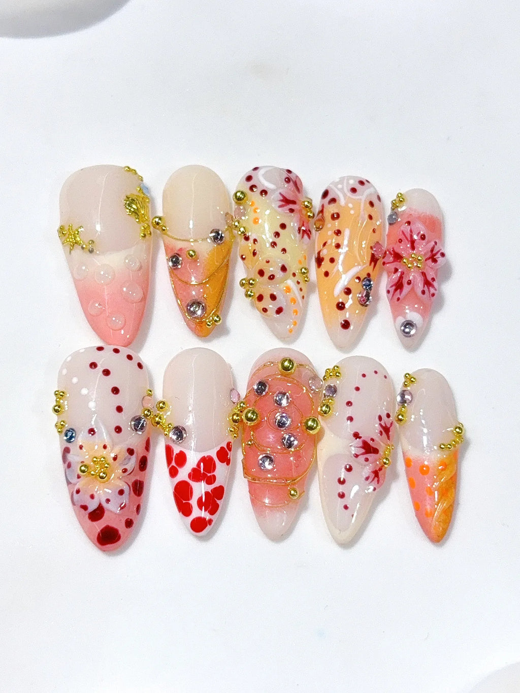 K046 - Long Nude Red Almond Multicolor French Polka Dot Flowers - view 5