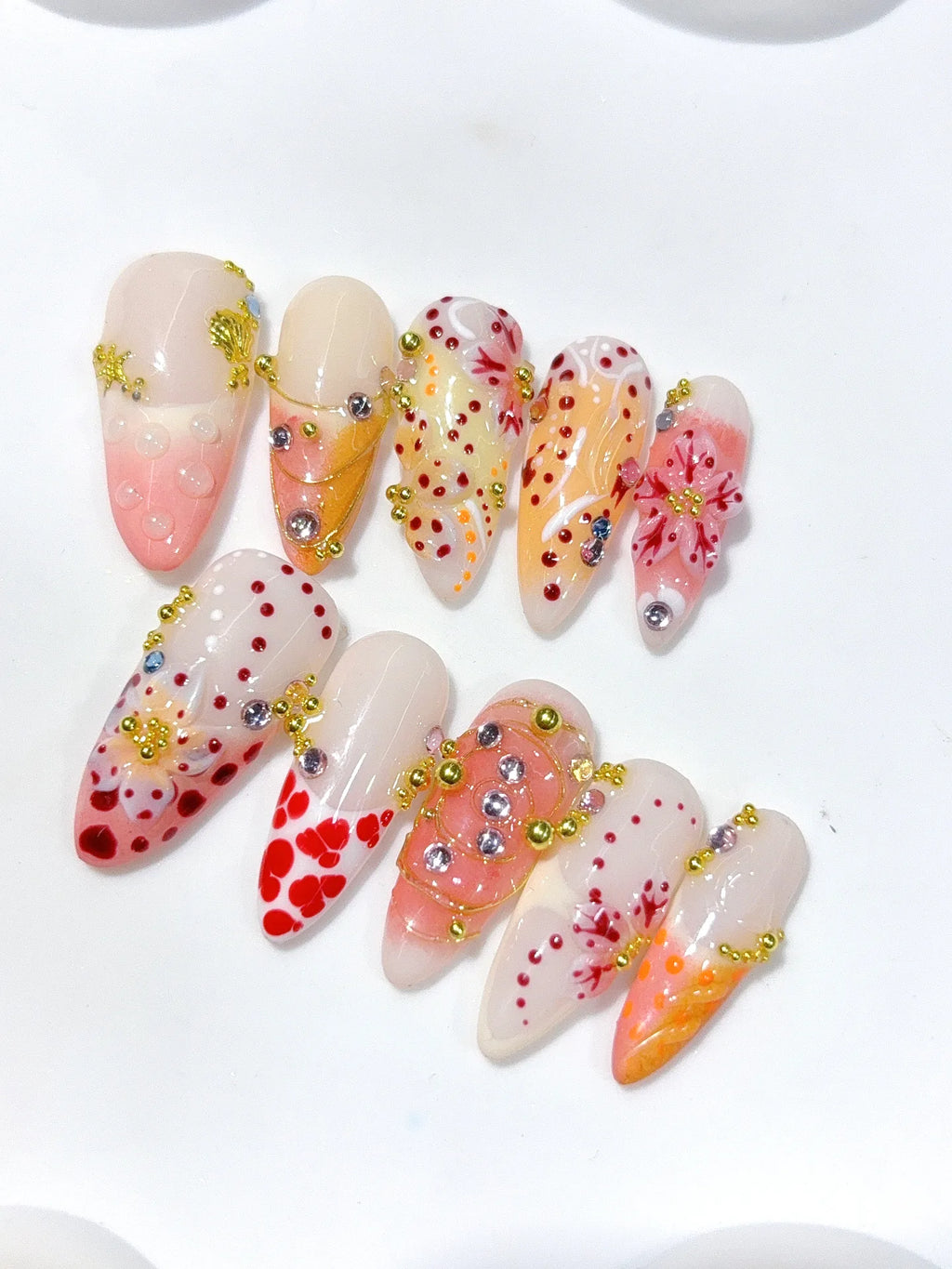 K046 - Long Nude Red Almond Multicolor French Polka Dot Flowers - view 7