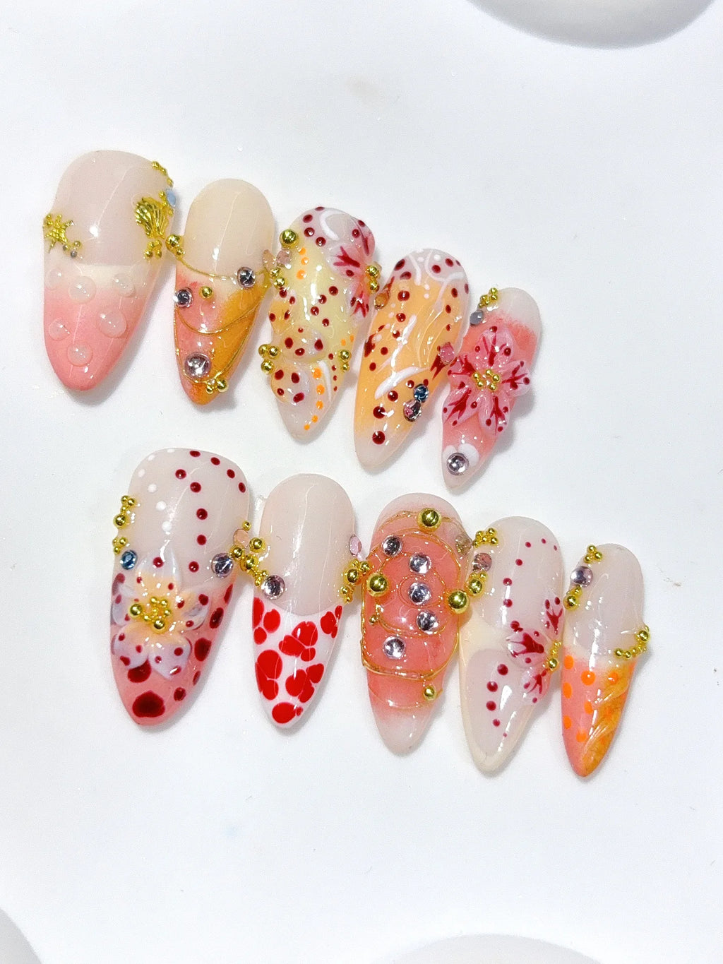 K046 - Long Nude Red Almond Multicolor French Polka Dot Flowers - view 3