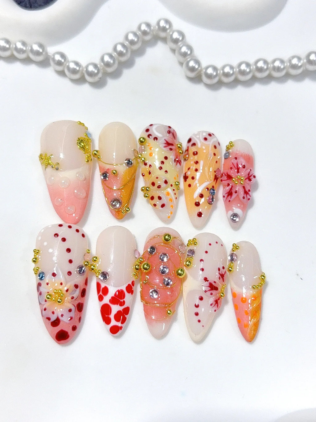 K046 - Long Nude Red Almond Multicolor French Polka Dot Flowers - view 1