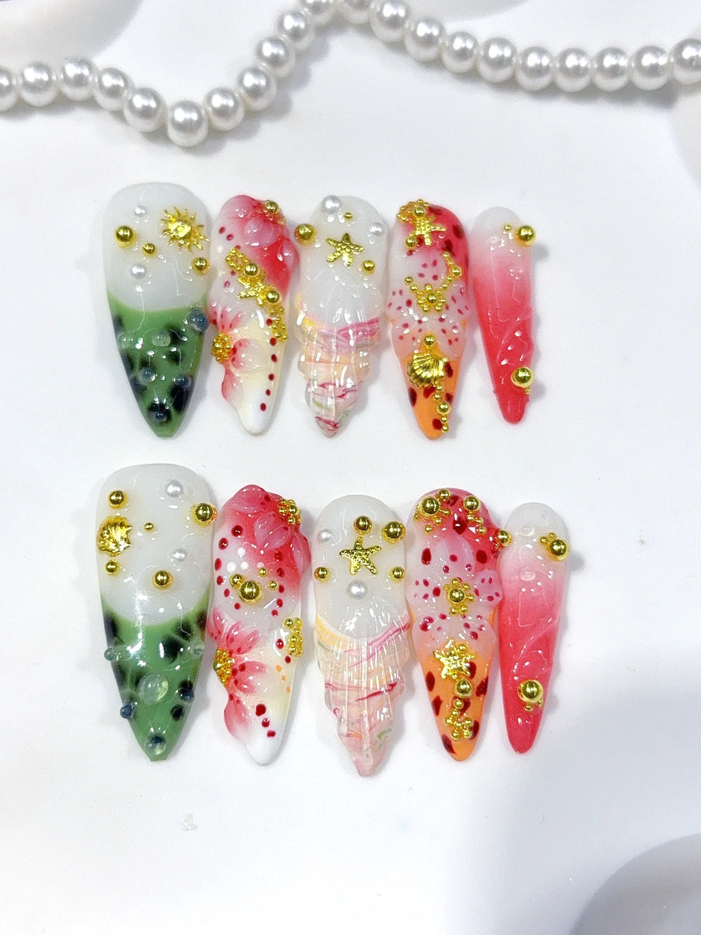 K048 - Long Green Pink Stiletto Garden 3D Flowers - view 4