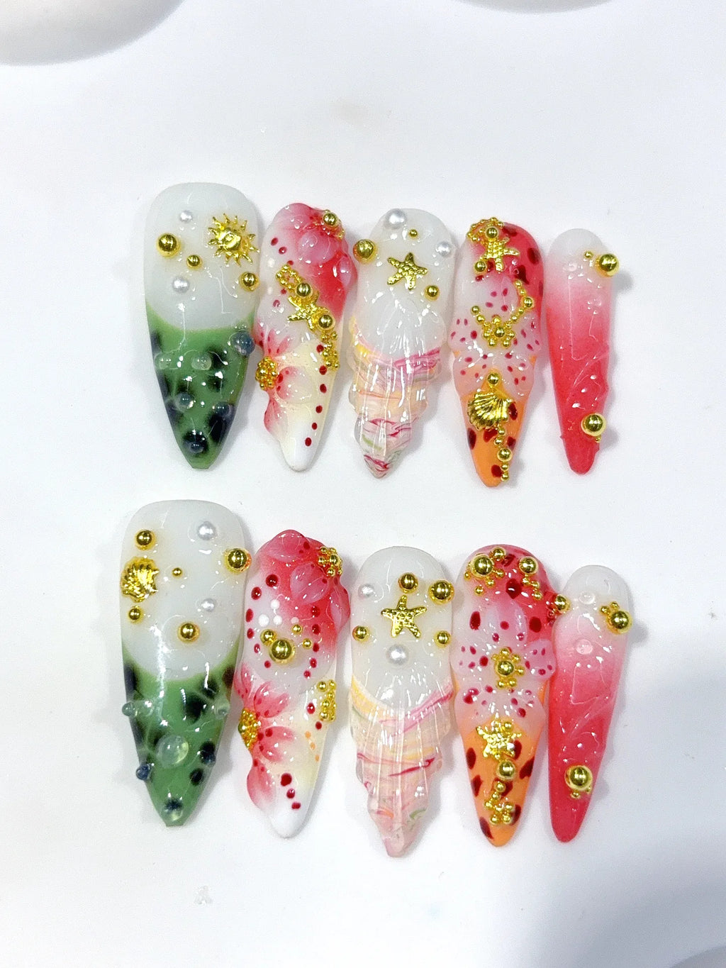 K048 - Long Green Pink Stiletto Garden 3D Flowers - view 6