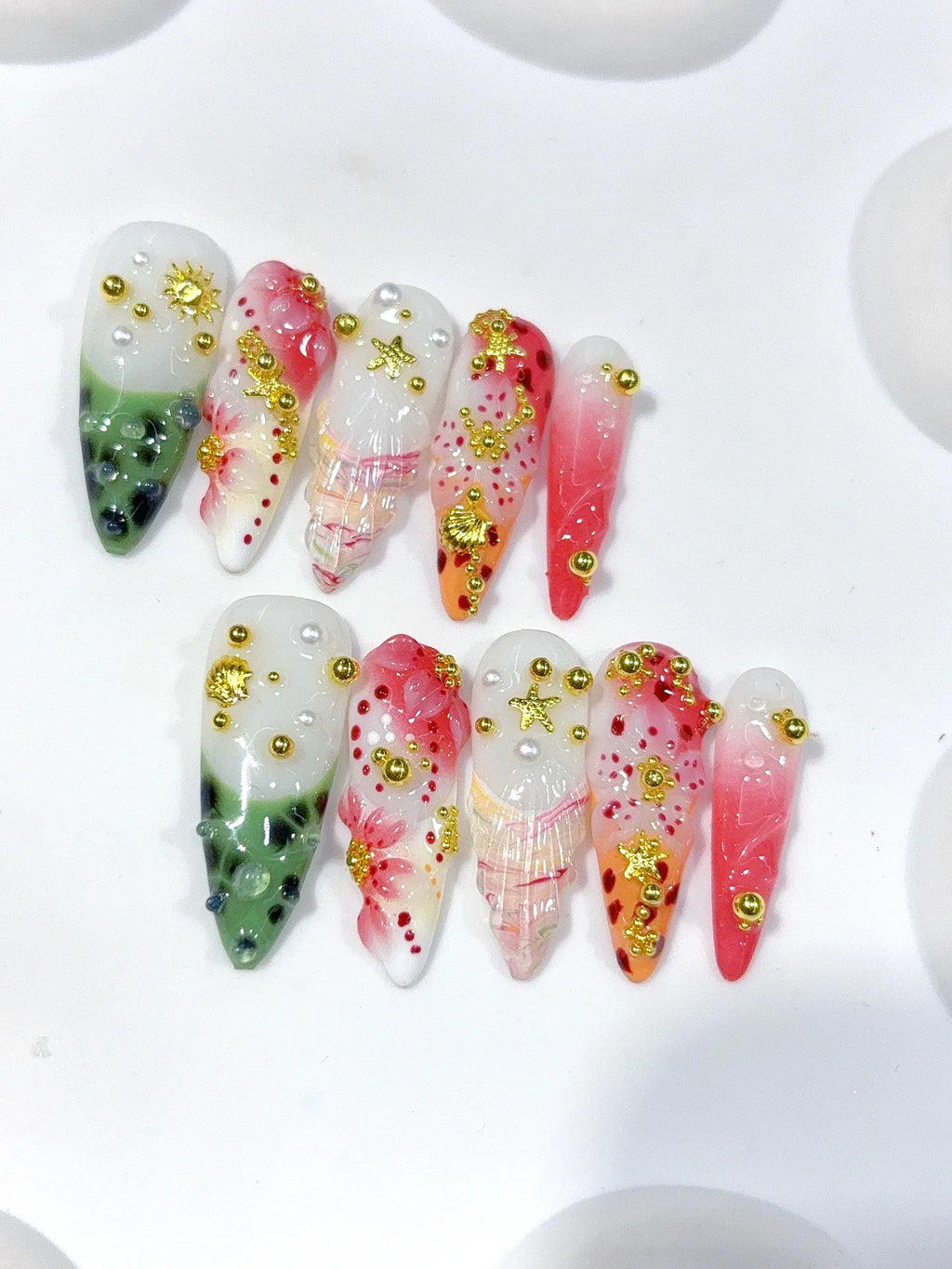 K048 - Long Green Pink Stiletto Garden 3D Flowers - view 3