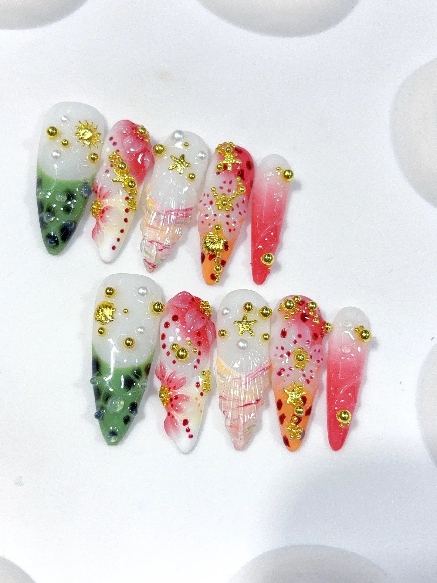 K048 - Long Green Pink Stiletto Garden 3D Flowers - view 3