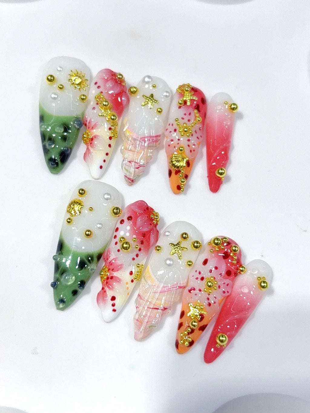 K048 - Long Green Pink Stiletto Garden 3D Flowers - view 1