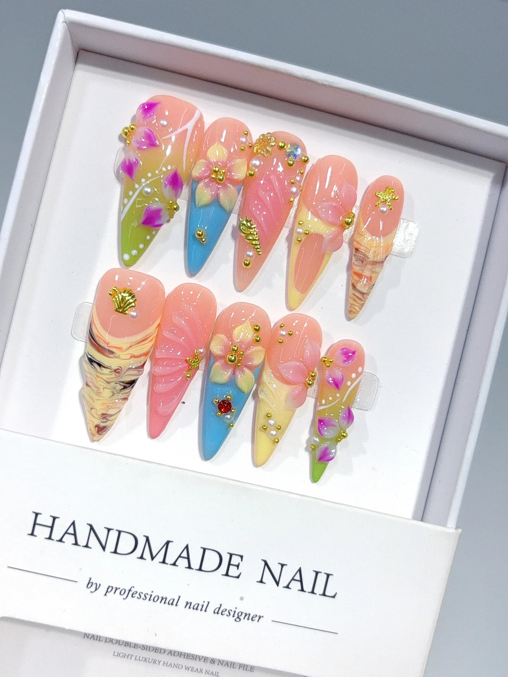 K049 - Long Nude Pink Stiletto Pastel French 3D Flowers - view 4