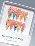 K049 - Long Nude Pink Stiletto Pastel French 3D Flowers - view 4