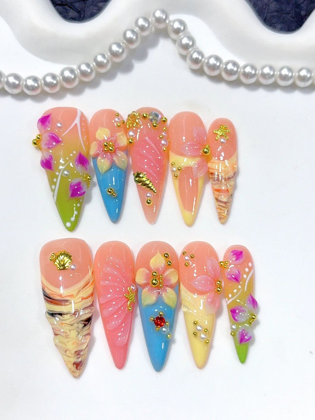 K049 - Long Nude Pink Stiletto Pastel French 3D Flowers - view 5