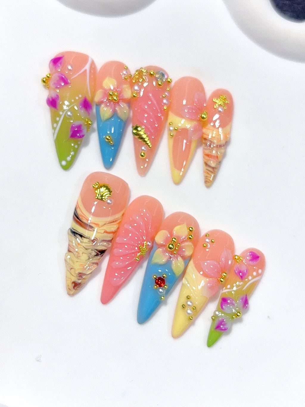 K049 - Long Nude Pink Stiletto Pastel French 3D Flowers - view 2