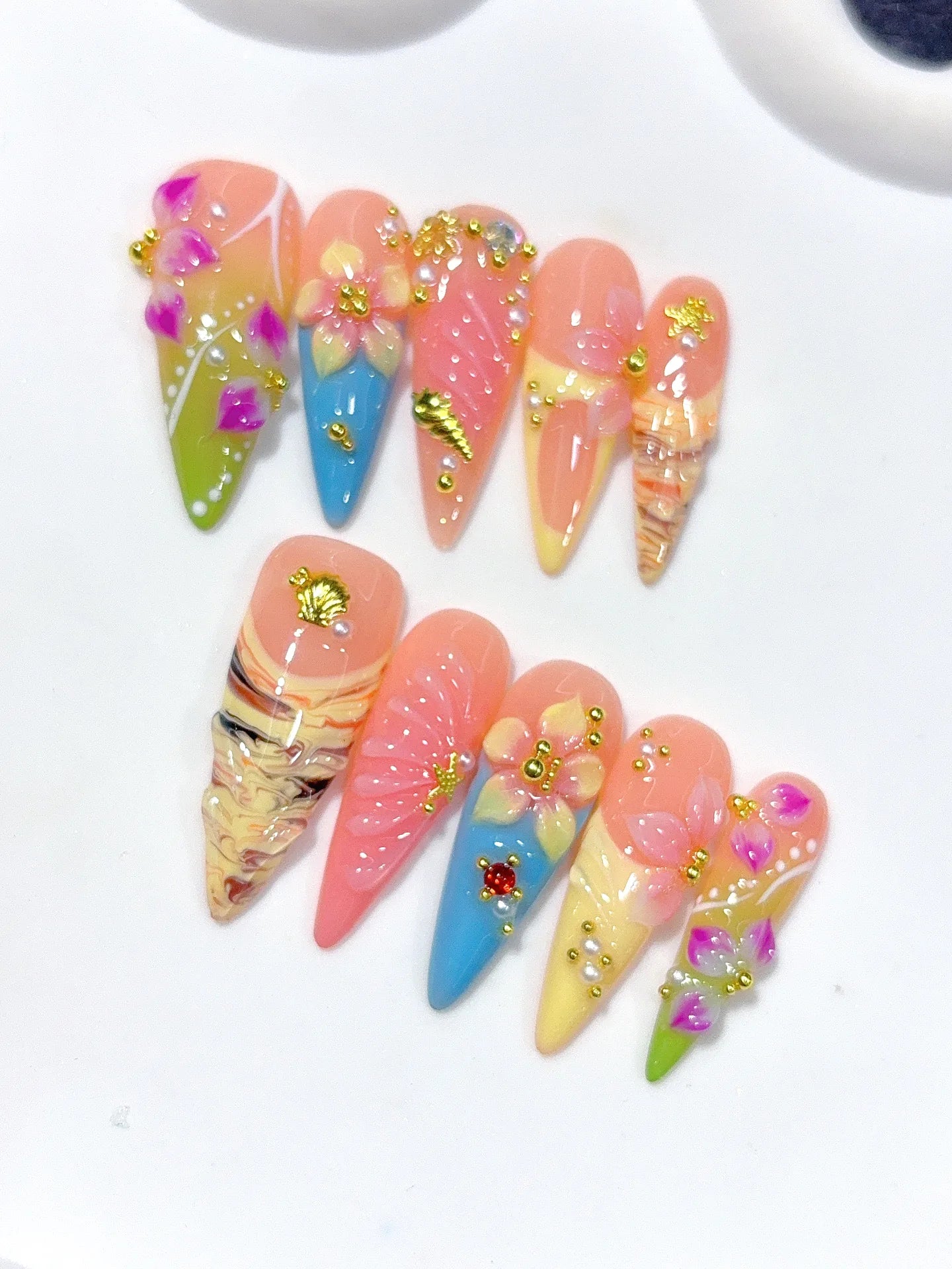 K049 - Long Nude Pink Stiletto Pastel French 3D Flowers - view 2