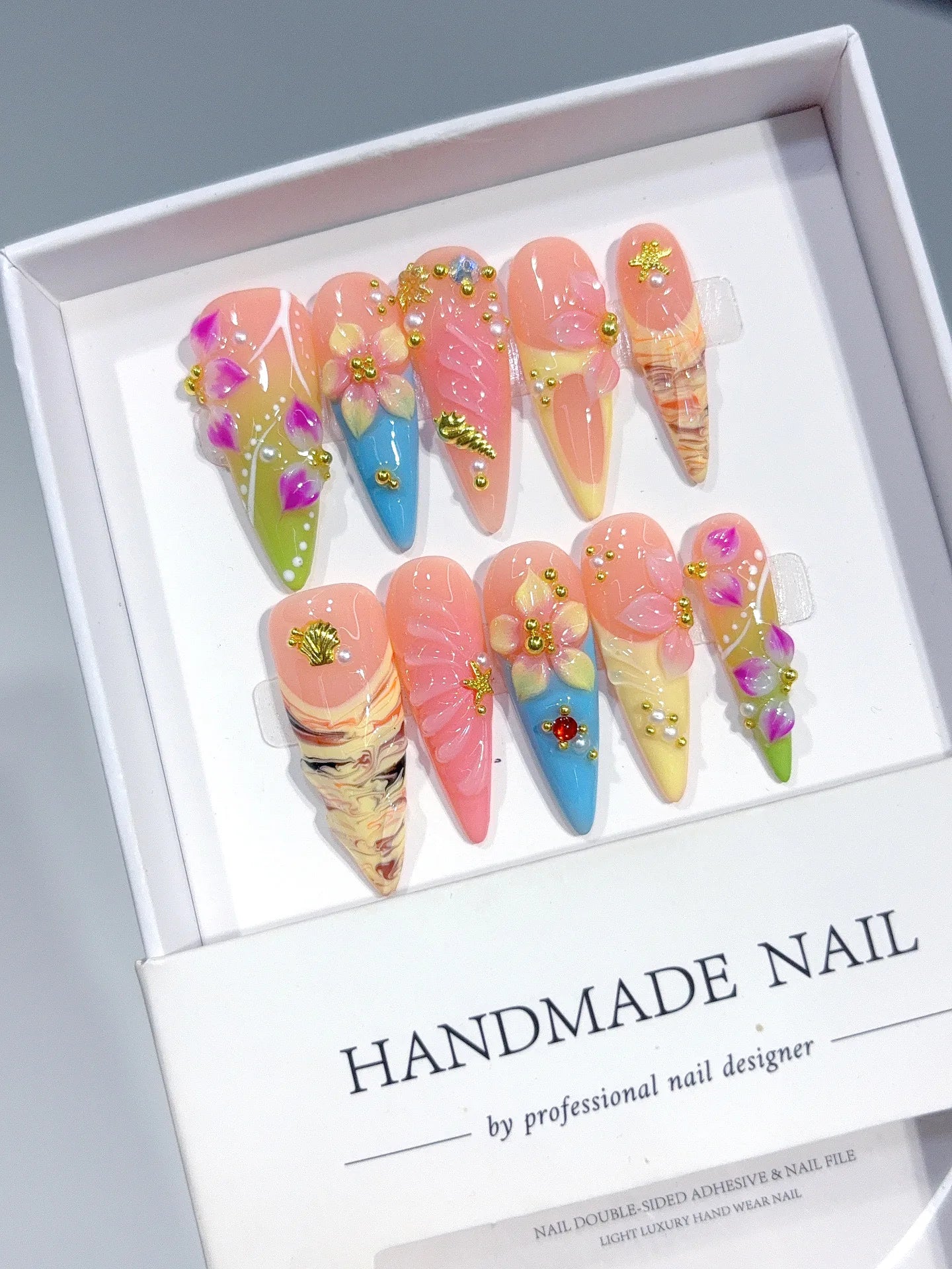 K049 - Long Nude Pink Stiletto Pastel French 3D Flowers - view 6