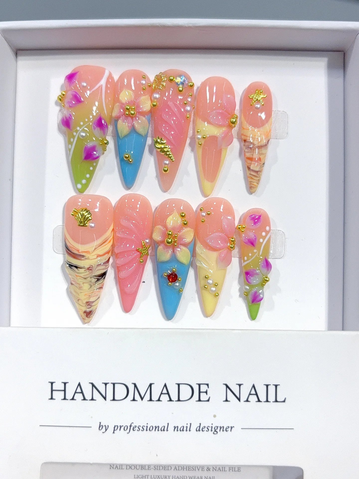 K049 - Long Nude Pink Stiletto Pastel French 3D Flowers - view 7