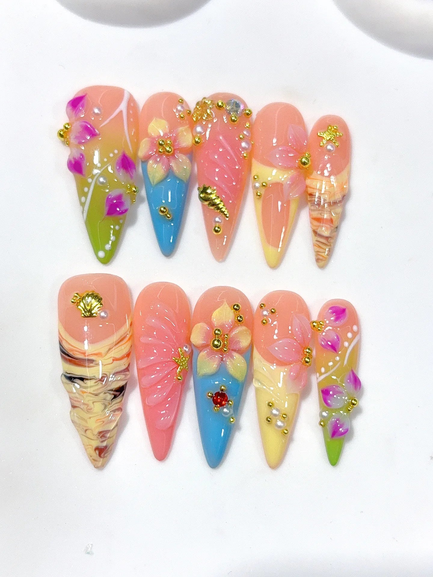 K049 - Long Nude Pink Stiletto Pastel French 3D Flowers - view 3