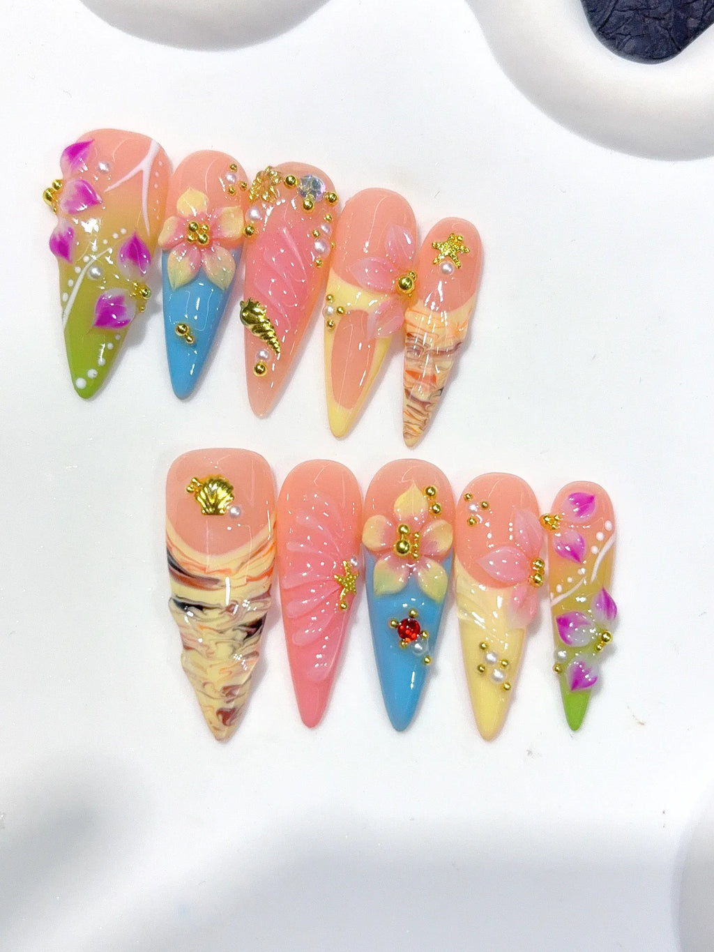 K049 - Long Nude Pink Stiletto Pastel French 3D Flowers - view 1