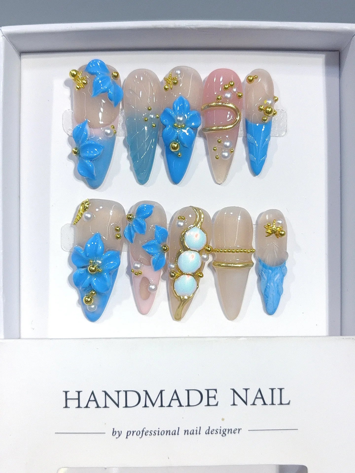 K053 - Long Nude Blue Stiletto Ombre French Rhinestone Flowers - view 4