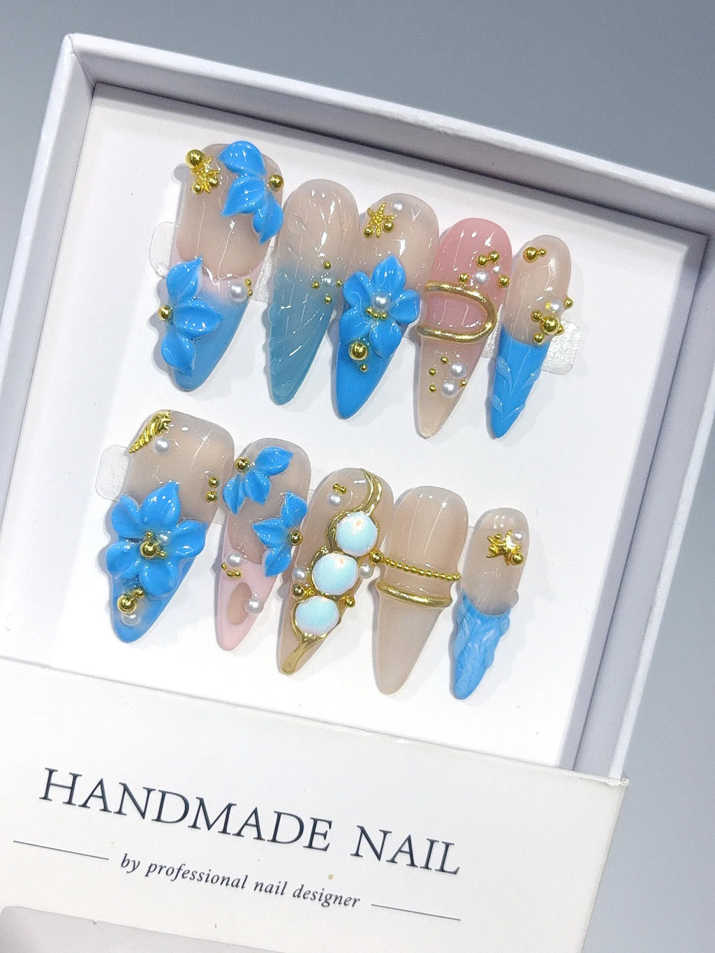 K053 - Long Nude Blue Stiletto Ombre French Rhinestone Flowers - view 5