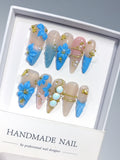 K053 - Long Nude Blue Stiletto Ombre French Rhinestone Flowers - view 5