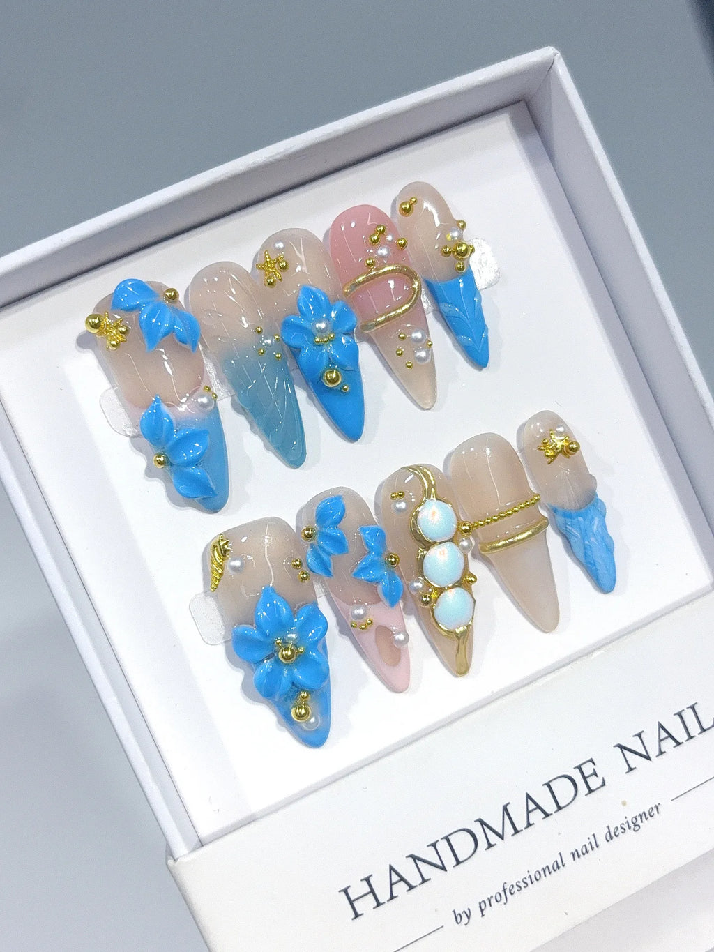 K053 - Long Nude Blue Stiletto Ombre French Rhinestone Flowers - view 2